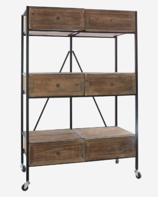 Scaffale in legno e ferro con cassetti