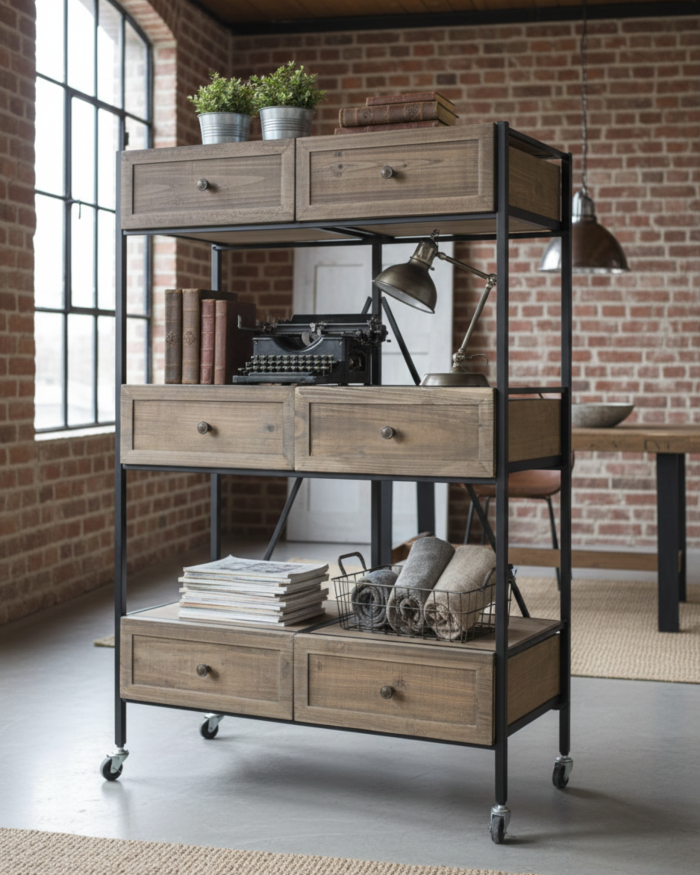 Scaffale in legno e ferro con cassetti - immagine 2