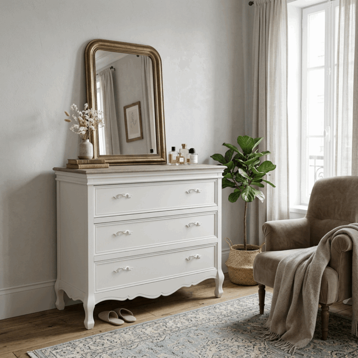 Comò 3 cassetti in pino bianco panna stile shabby - immagine 2