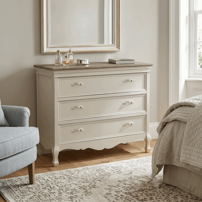 Comò 3 cassetti in pino bianco panna stile shabby - immagine 5
