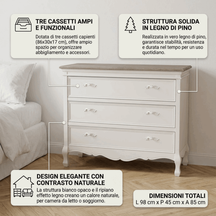 Comò 3 cassetti in pino bianco panna stile shabby - immagine 3