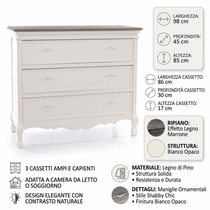 Comò 3 cassetti in pino bianco panna stile shabby - immagine 4
