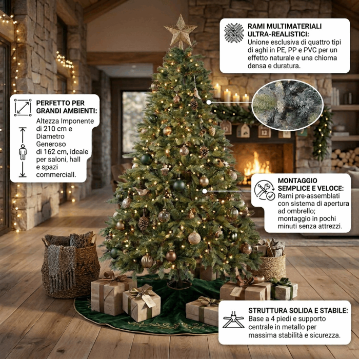 Albero di Natale "Clifford" Verde in Polietilene, Polipropilene e PVC con Base in Metallo Ø162x210 cm - immagine 3