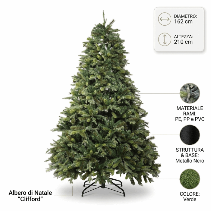 Albero di Natale "Clifford" Verde in Polietilene, Polipropilene e PVC con Base in Metallo Ø162x210 cm - immagine 4