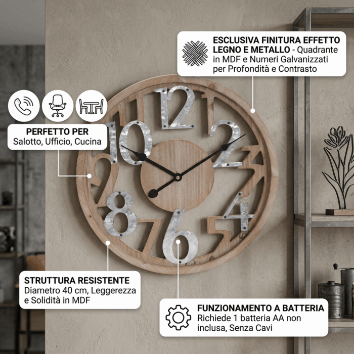Orologio con numeri in legno e metallo - immagine 3