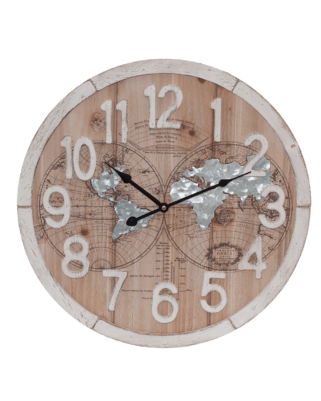 Orologio in mdf design mappa mondo legno marrone e metallo grigio