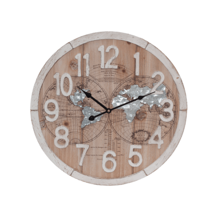 Orologio in mdf design mappa mondo legno marrone e metallo grigio
