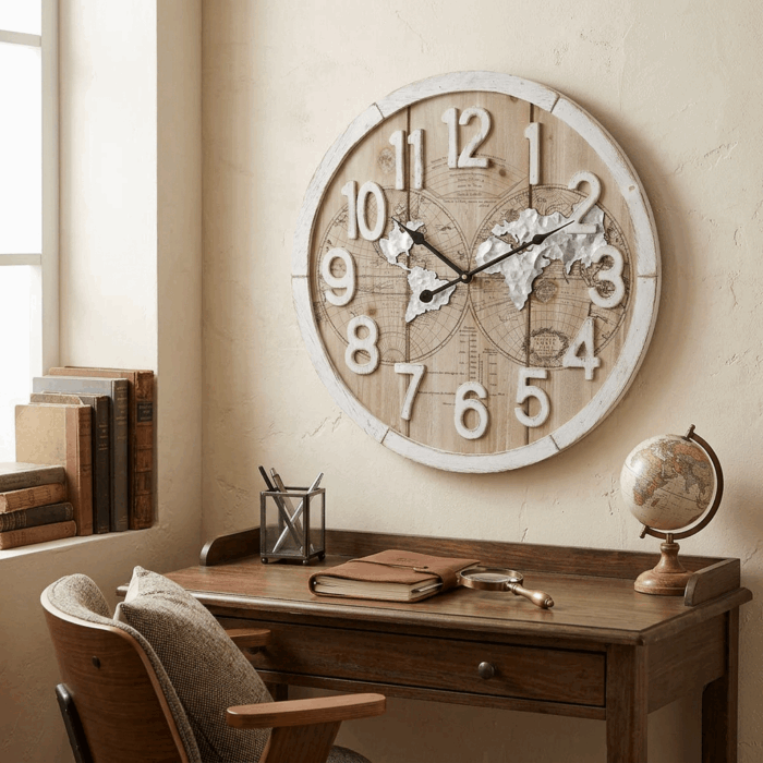 Orologio in mdf design mappa mondo legno marrone e metallo grigio - immagine 5