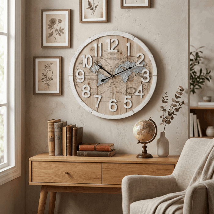 Orologio in mdf design mappa mondo legno marrone e metallo grigio - immagine 2