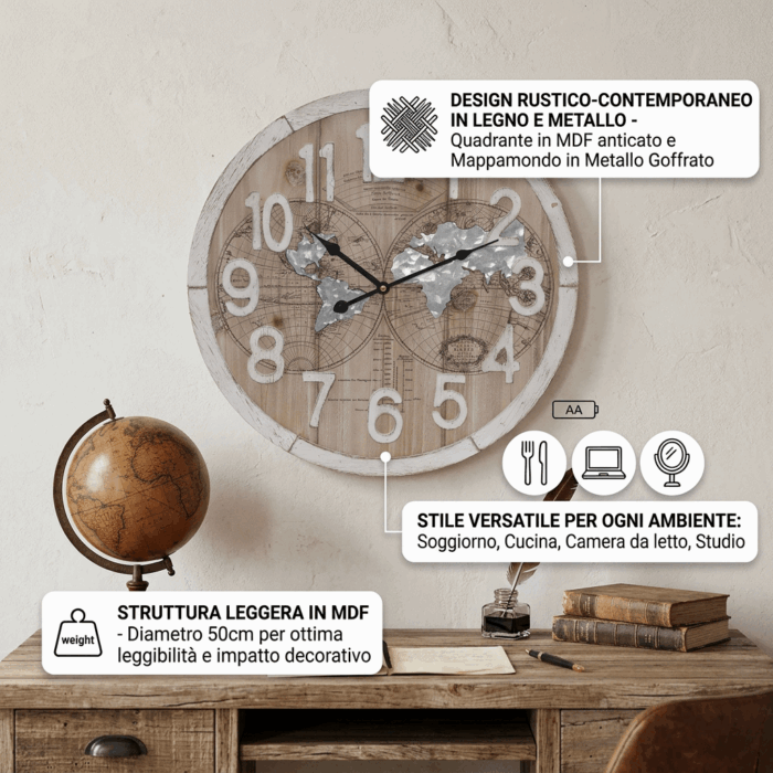 Orologio in mdf design mappa mondo legno marrone e metallo grigio - immagine 3
