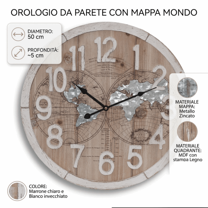 Orologio in mdf design mappa mondo legno marrone e metallo grigio - immagine 4