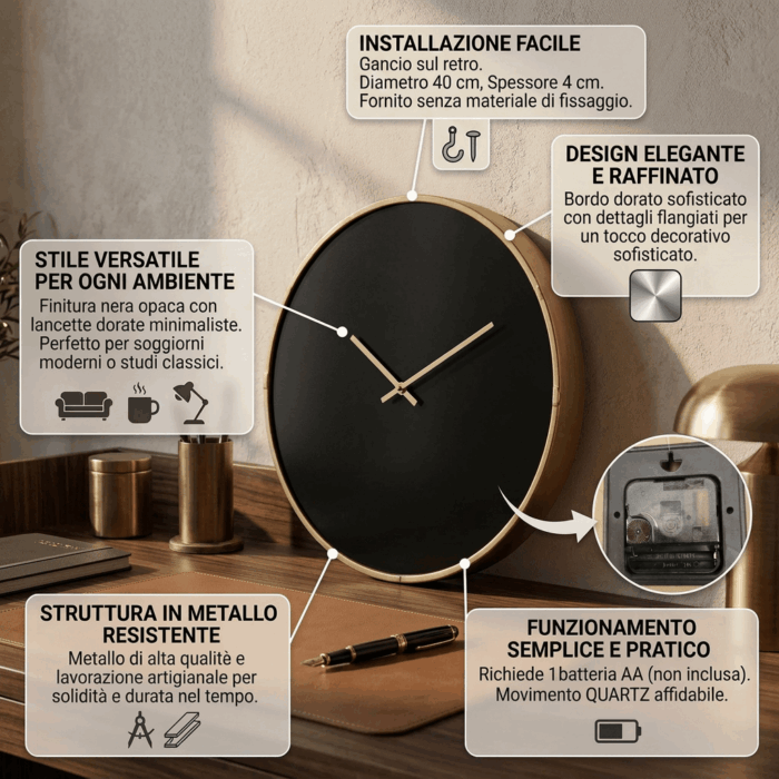 Orologio da parete nero e oro design minimal - immagine 3