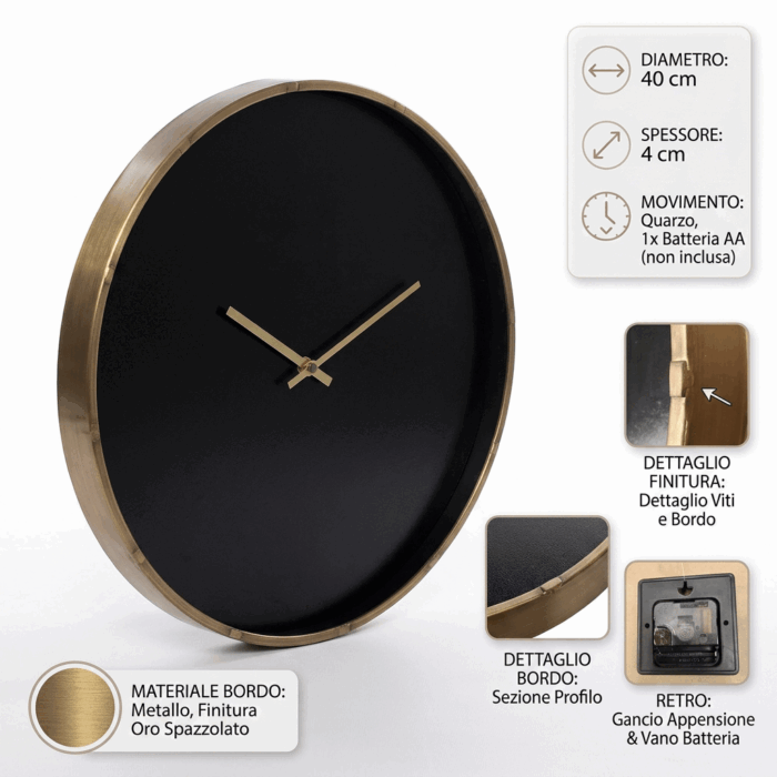 Orologio da parete nero e oro design minimal - immagine 4