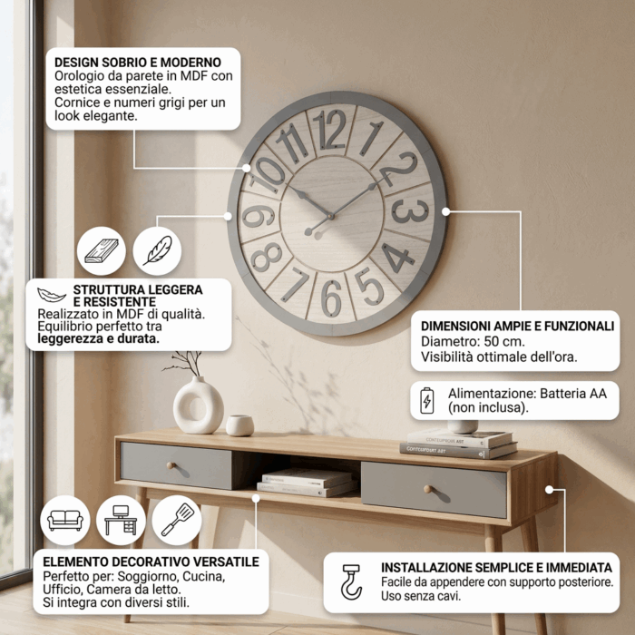 Orologio in mdf grigio rotondo semplice - immagine 3