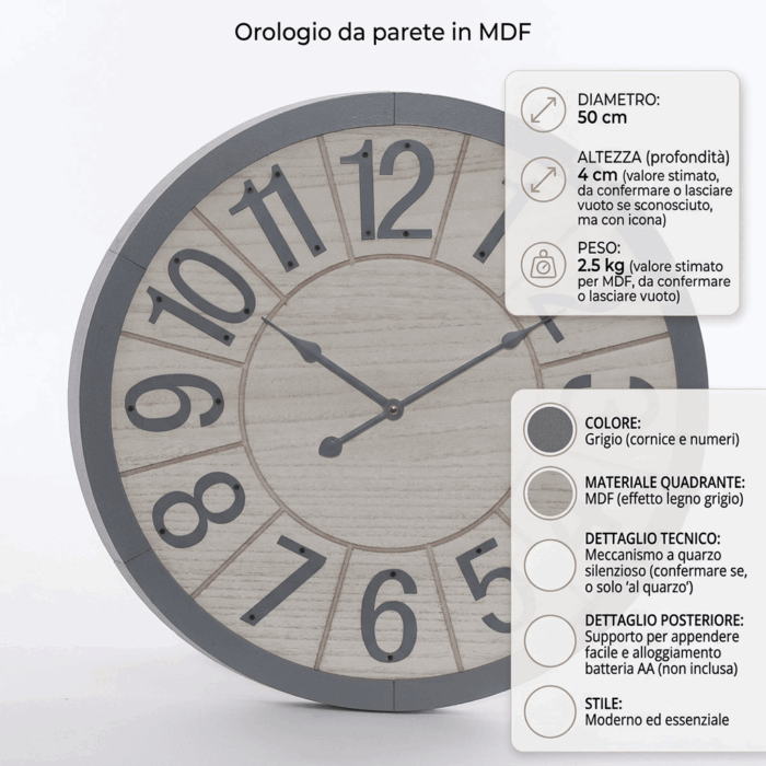 Orologio in mdf grigio rotondo semplice - immagine 4