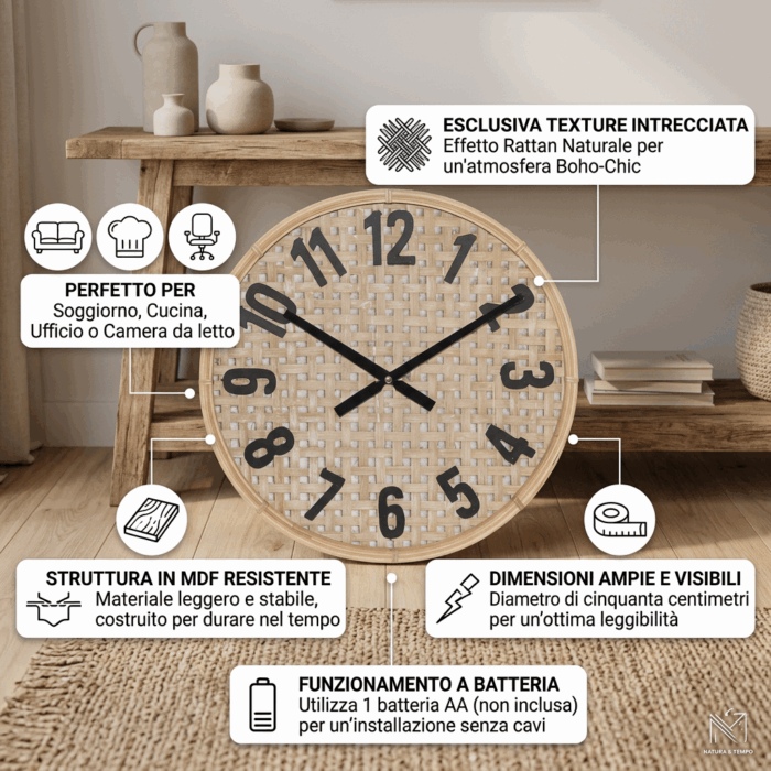 Orologio in mdf effetto rattan - immagine 3