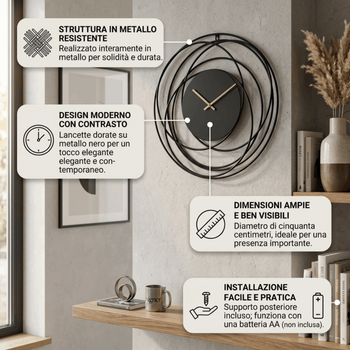 Orologio in metallo nero minimal - immagine 3