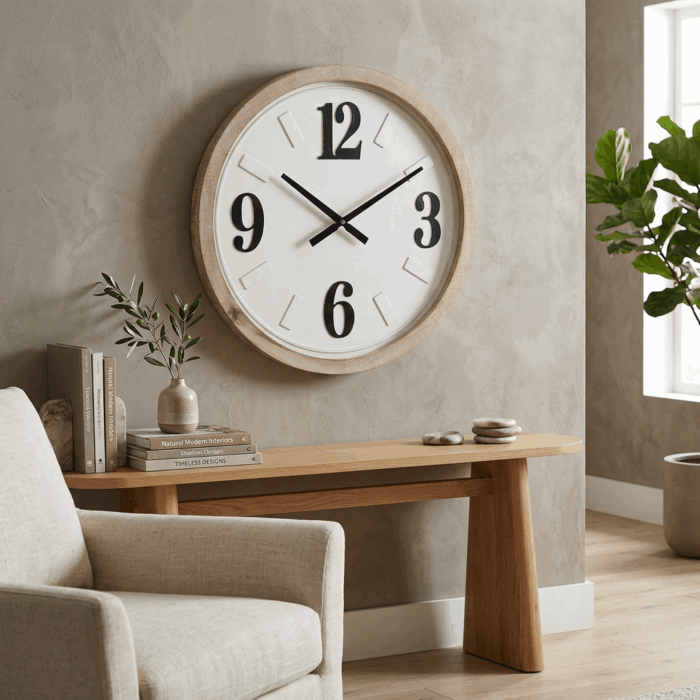 Orologio in metallo e legno rotondo bianco nero e bordo marrone - immagine 5