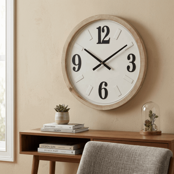 Orologio in metallo e legno rotondo bianco nero e bordo marrone - immagine 2