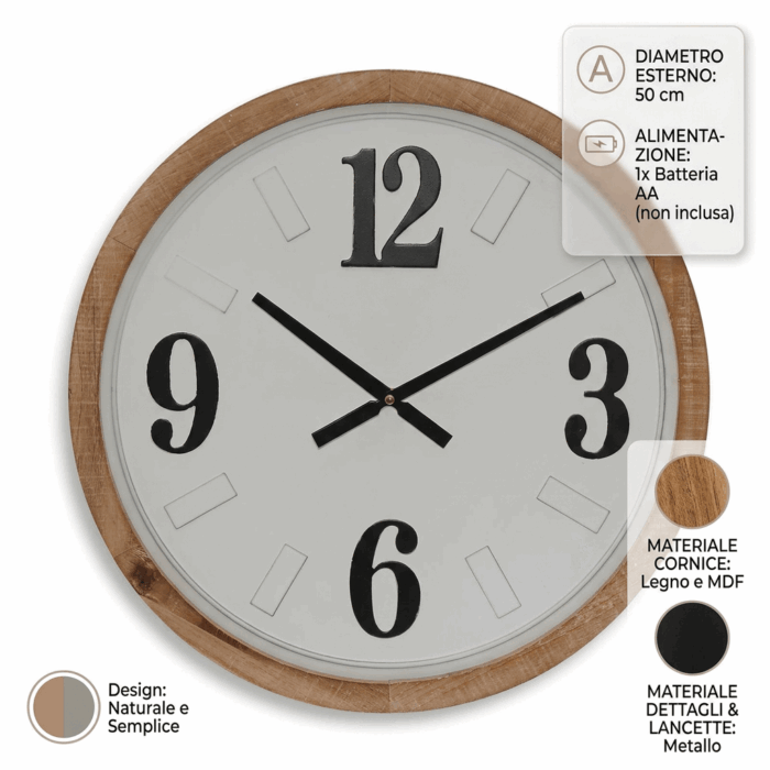 Orologio in metallo e legno rotondo bianco nero e bordo marrone - immagine 4