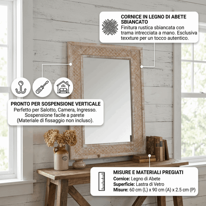 Specchio naturale in abete con design a intreccio 60x90 - immagine 3