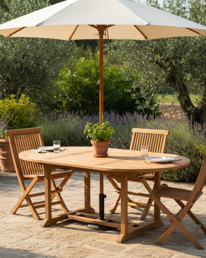 Tavolo allungabile rotondo in teak con foro per ombrellone - immagine 2