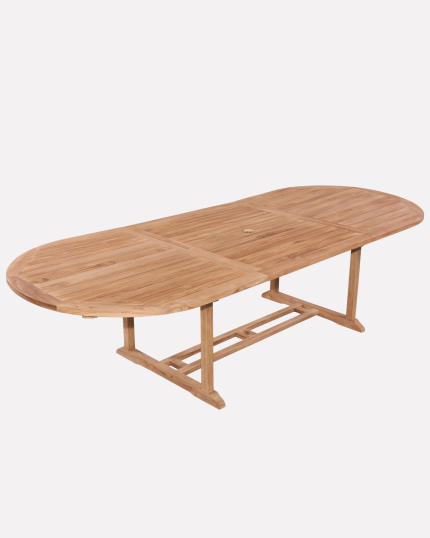 Tavolo allungabile ovale in legno di teak con foro per ombrellone