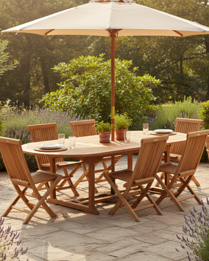 Tavolo allungabile ovale in legno di teak con foro per ombrellone - immagine 2