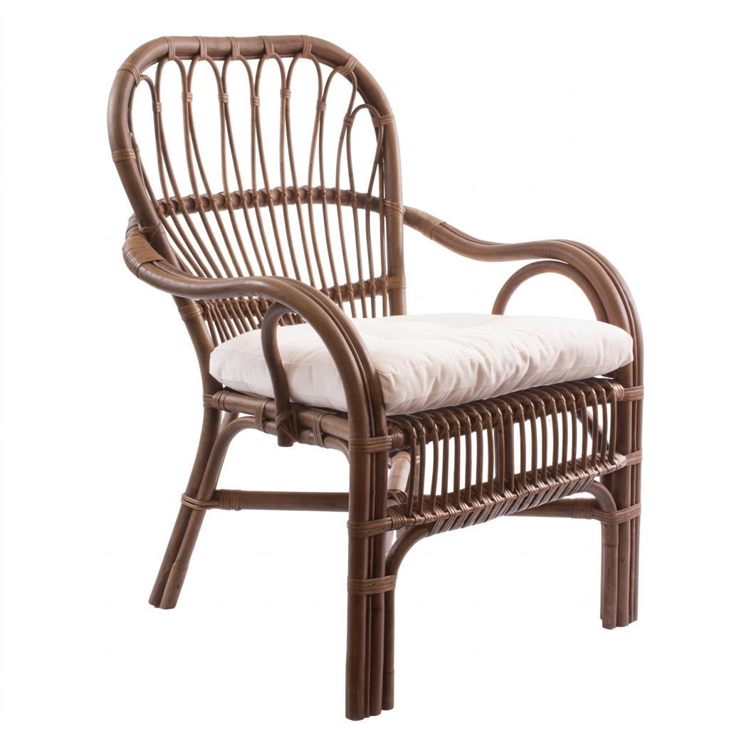 72-SR0317 Poltrona in giunco marrone scuro con cuscino bianco