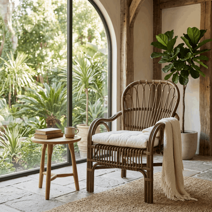 Poltrona in giunco marrone scuro con cuscino bianco - immagine 2