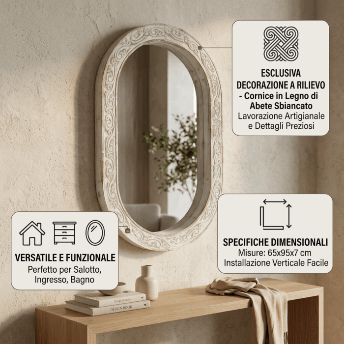 Specchio ovale in abete stile shabby 65x95cm - immagine 3