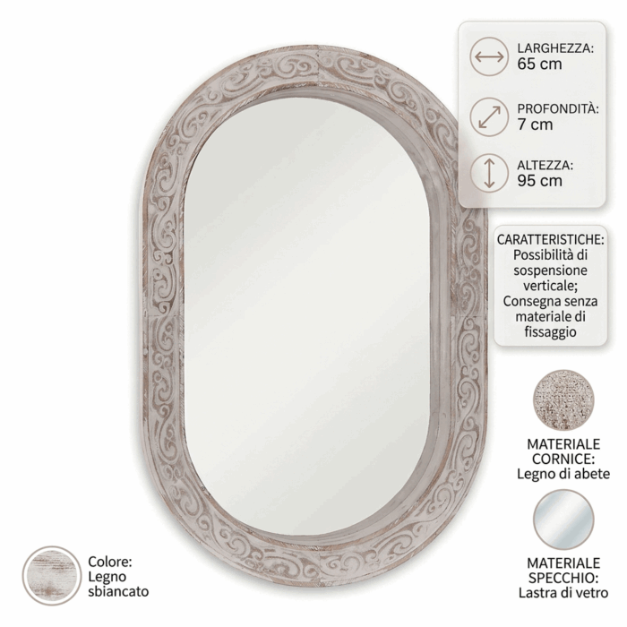 Specchio ovale in abete stile shabby 65x95cm - immagine 4