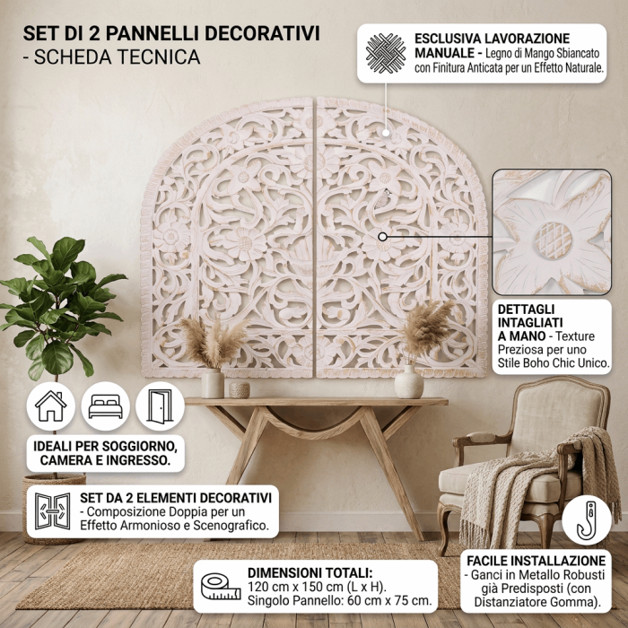 Pannelli Decorativi in Set di 2 da Parete in Legno di Mango Sbiancato e MDF 120x150 cm - immagine 3