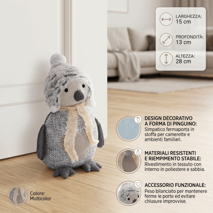 Fermaporta Decorativo a forma di pinguino in stoffa multicolor 15x13x28 cm - immagine 4