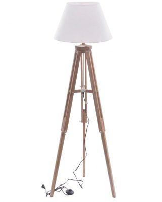 Lampada da terra treppiede in legno con paralume bianco in tessuto e PVC con interruttore a pedale 55x130 cm