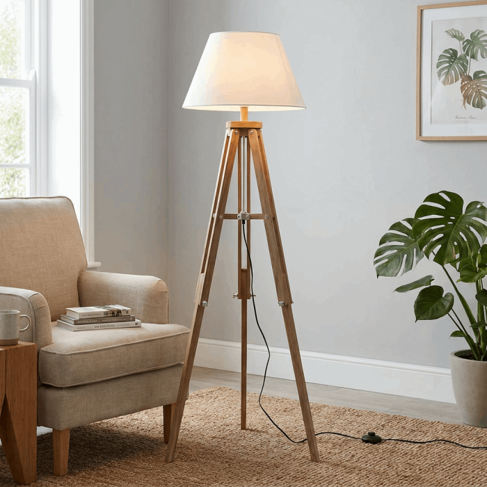 Lampada da terra treppiede in legno con paralume bianco in tessuto e PVC con interruttore a pedale 55x130 cm - immagine 5