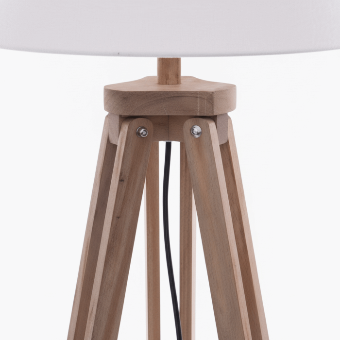 Lampada da terra treppiede in legno con paralume bianco in tessuto e PVC con interruttore a pedale 55x130 cm - immagine 6