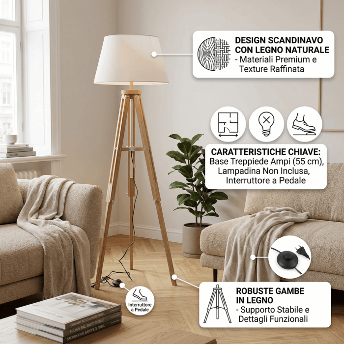 Lampada da terra treppiede in legno con paralume bianco in tessuto e PVC con interruttore a pedale 55x130 cm - immagine 3