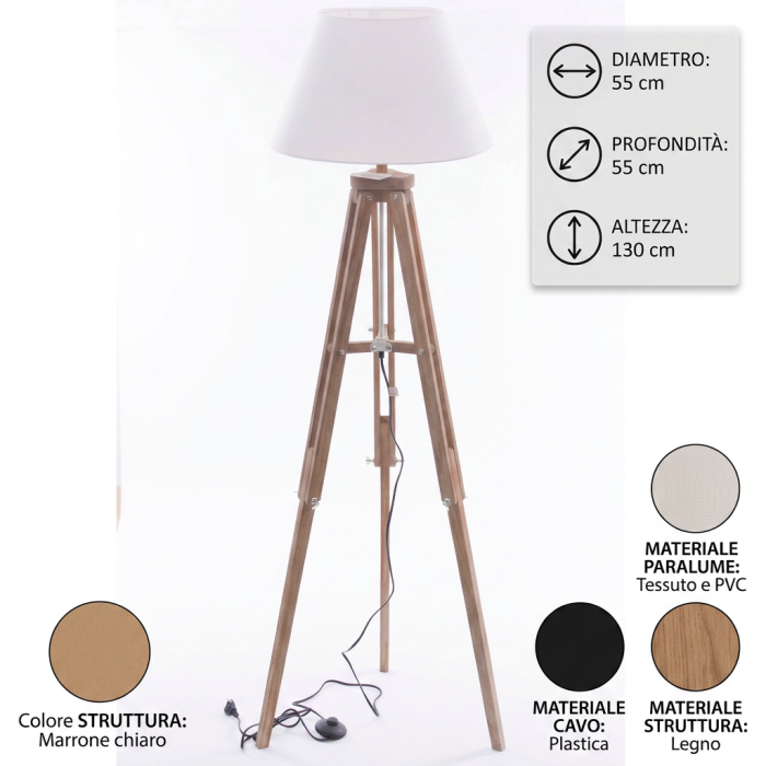 Lampada da terra treppiede in legno con paralume bianco in tessuto e PVC con interruttore a pedale 55x130 cm - immagine 4