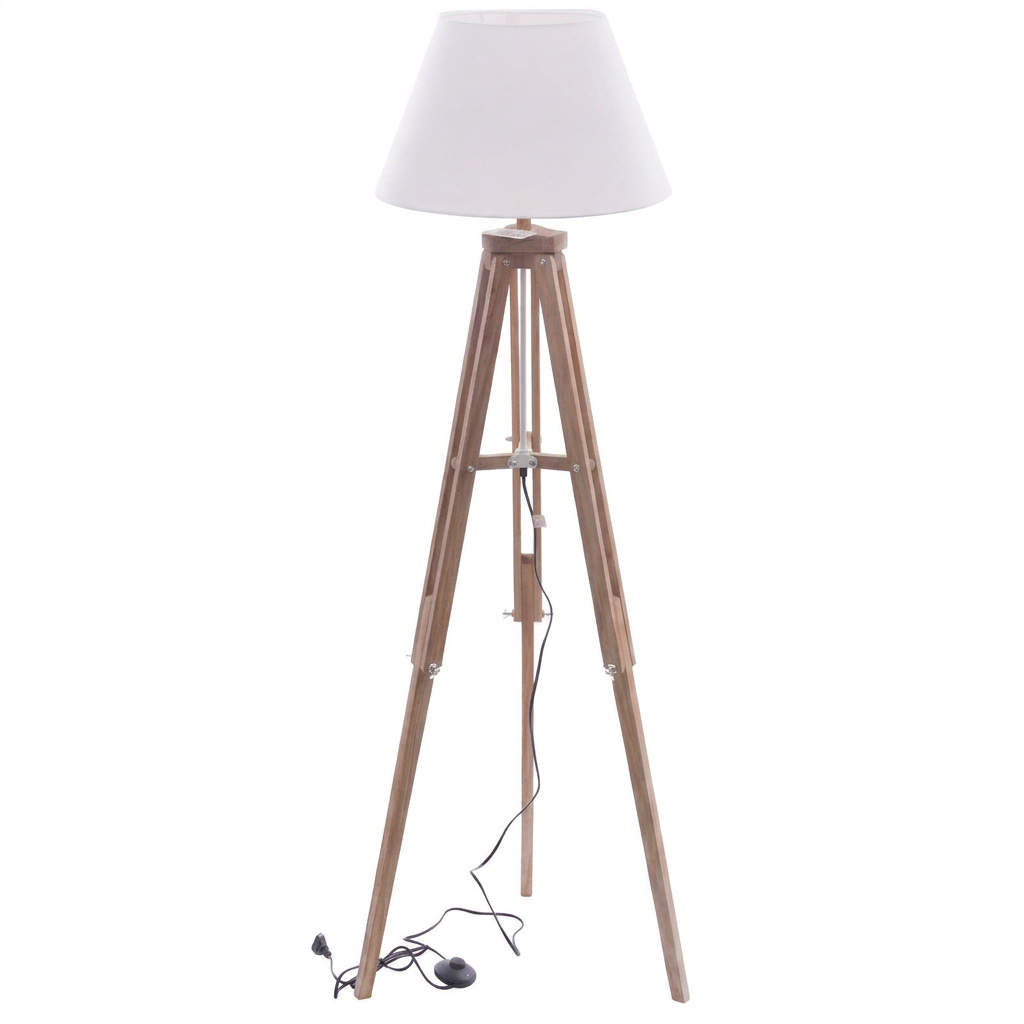 40-MF34 Lampada da terra treppiede in legno con paralume bianco in tessuto e PVC con interruttore a pedale 55x130 cm