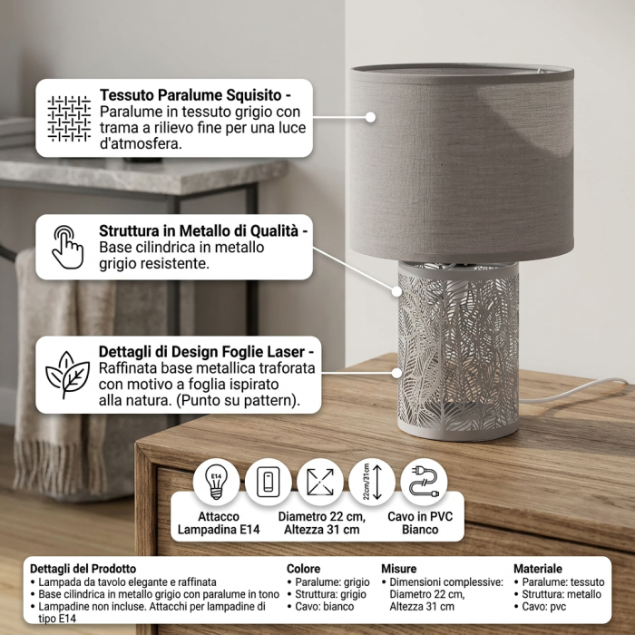 Lampada grigia con design floreale Ø22H31 - immagine 3