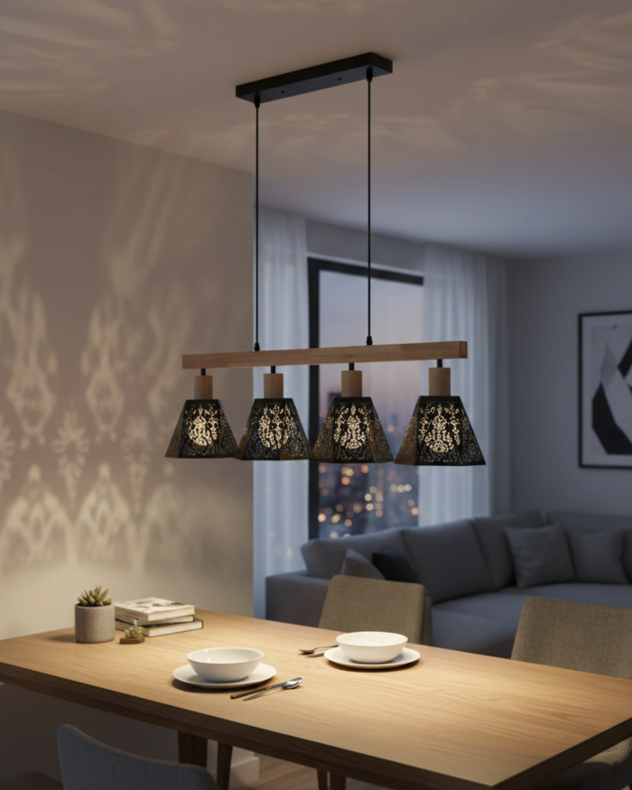 Lampadario in legno e metallo con 4 punti luce - immagine 2