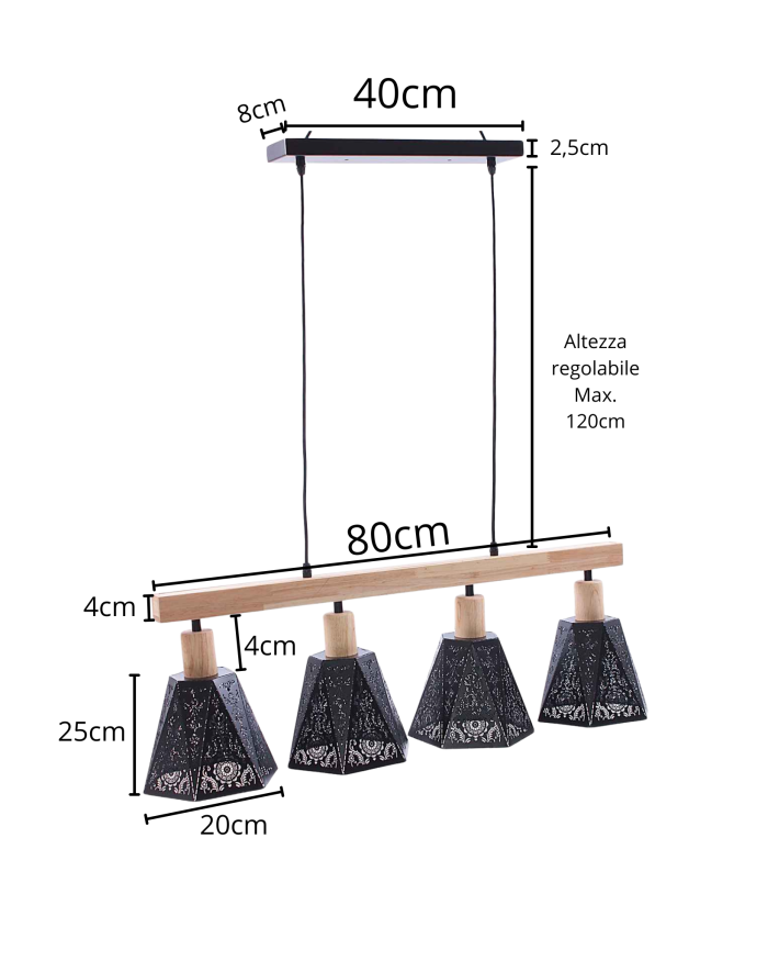 Lampadario in legno e metallo con 4 punti luce - immagine 3