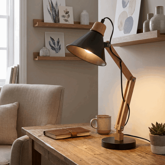 Lampada da scrivania pieghevole nera in legno e metallo - immagine 5