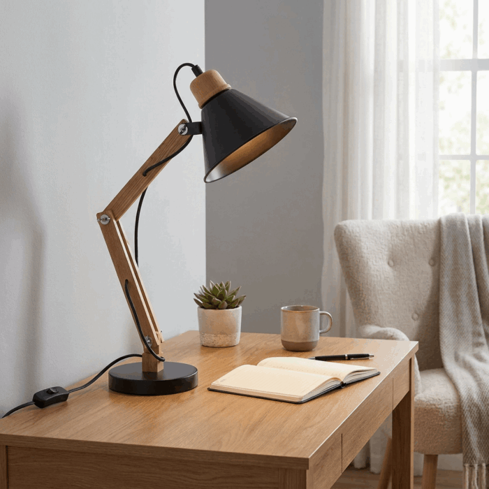 Lampada da scrivania pieghevole nera in legno e metallo - immagine 2