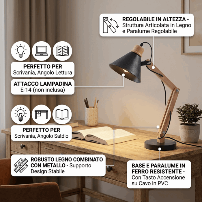 Lampada da scrivania pieghevole nera in legno e metallo - immagine 3