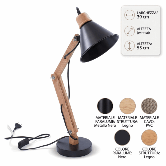 Lampada da scrivania pieghevole nera in legno e metallo - immagine 4