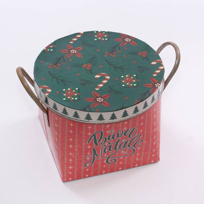 Scatola natalizia in latta in set di 2 rossa e verde rotonda - immagine 3