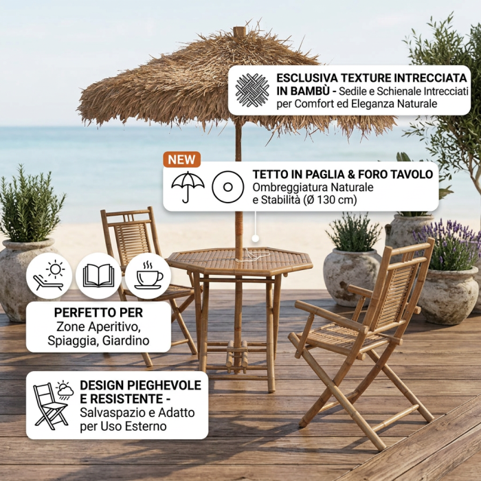Tavolo con ombrellone e sedie in bambù - immagine 4