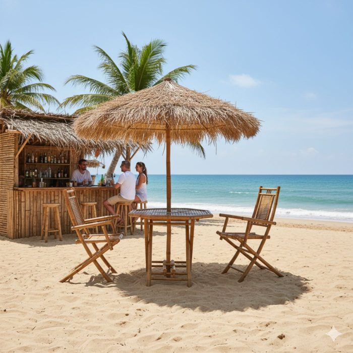 Tavolo con ombrellone e sedie in bambù - immagine 2